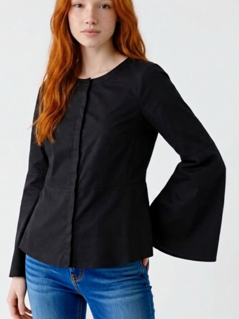 HALSTON Black Bell Sleeve Blouse | Minimalist Hidden Button Top | Size Small